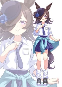 1girl animal_ears aqua_cardigan blue_flower blue_rose blue_skirt blush brown_hair cardigan cardigan_around_waist closed_mouth clothes_around_waist collared_shirt commentary_request flipped_hair flower hair_over_one_eye hat hat_flower highres hokuyukis horse_ears horse_girl horse_tail long_hair looking_at_viewer loose_socks open_mouth pleated_skirt purple_eyes rice_shower_(umamusume) rose shirt simple_background skirt smile socks tail tilted_headwear umamusume white_background white_shirt zoom_layer