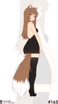 1girl absurdres animal_ears back backless_outfit bare_back black_dress black_thighhighs blush brown_hair closed_mouth commentary dress english_commentary fang high_heels highres holo likunea long_hair looking_at_viewer patreon_logo patreon_username red_eyes simple_background smile solo spice_and_wolf standing tail thighhighs twitter_username twitter_x_logo white_background wolf_ears wolf_girl wolf_tail zoom_layer