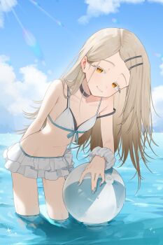 1girl arm_behind_back ball blonde_hair blue_nails blue_sky day flat_chest gakuen_idolmaster highres idolmaster jewelry light_blush long_hair looking_at_viewer mi_tei_0401 necklace ocean shinosawa_hiro sky smile swimsuit water yellow_eyes