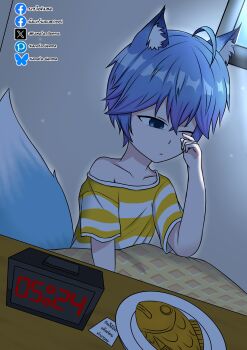 1boy absurdres animal_ears bed bedroom blue_eyes blue_hair blue_haori clock closed_eyes food fox_ears gen_(kanata_genma) haori highres japanese_clothes kanata_genma night on_bed shota striped_clothes tail taiyaki thai_text wagashi window