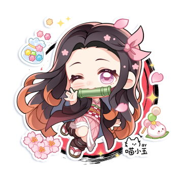 Rule 34 | 1girl, \||/, artist name, bamboo, black hair, blush, brown sandals, checkered sash, chibi, chibi only, chinese commentary, closed mouth, commentary request, dango, flower, food, full body, hair ribbon, hand up, haori, highres, japanese clothes, kamado nezuko, kimetsu no yaiba, kimono, long hair, long sleeves, looking at viewer, miaoxiaoyu huihuakecheng, multicolored hair, obi, orange hair, outline, pink eyes, pink flower, pink kimono, pink ribbon, ribbon, sandals, sanshoku dango, sash, socks, solo, standing, standing on one leg, tabi, two-tone hair, wagashi, white outline, white socks, wide sleeves