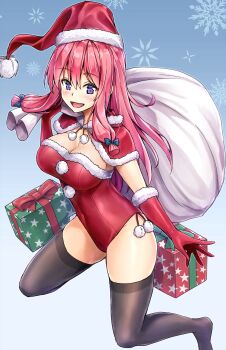 1girl breasts chiristmas christmas_costume cleavage highres ideura_shizuri leotard neet_de_otaku_na_kunoichi_to_naze_ka_dousei_hajimemashita pink_hair red_leotard