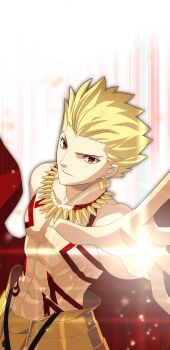 1boy abs armor blonde_hair body_markings earrings fate/grand_order fate_(series) gilgamesh_(fate) highres jewelry looking_at_viewer male_focus necklace official_art outstretched_hand red_eyes second-party_source short_hair smile solo takeuchi_takashi toned toned_male topless_male transparent_background upper_body