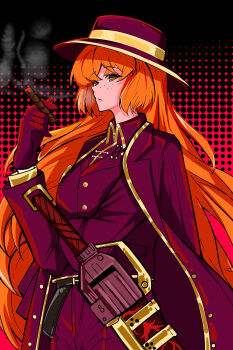 Rule 34 | 1girl, absurdres, ayamiya, cigar, coat, collared shirt, freckles, gold trim, green eyes, gunblade, hat, highres, ishmael (project moon), lapels, limbus company, long hair, looking at viewer, notched lapels, orange hair, pink coat, pink hat, pink shirt, pink vest, project moon, shirt, sidelocks, smoke, smoking, solo, thumb (identity) (project moon), very long hair, vest, weapon