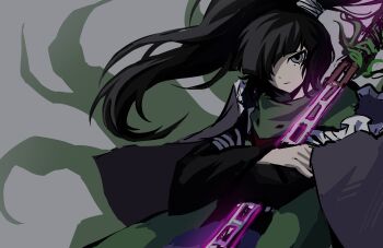 1other absurdres adagumo_no_yaorochi androgynous anime_coloring asymmetrical_bangs black_hair black_kimono blunt_bangs bottle_opener cape closed_mouth coat crossed_arms dot_nose expressionless eyelashes frilled_cape glowing glowing_sword glowing_weapon green_coat green_scarf grey_background grey_eyes hair_ornament hair_over_one_eye hair_scrunchie high_side_ponytail highres holding holding_sword holding_weapon japanese_clothes jinbaori kimono len'en light_frown long_hair long_sleeves looking_at_viewer multiple_tails other_focus otogisum3 purple_cape red_scarf scarf scrunchie simple_background snake_tail solo sword sword_of_kusanagi tail tasouken upper_body very_long_hair weapon white_scrunchie wide_sleeves