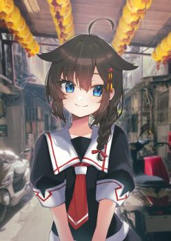 Rule 34 | 1girl, absurdres, ahoge, black serafuku, black shirt, blue eyes, blue sky, braid, cloud, commentary, day, english commentary, hair flaps, hair over shoulder, highres, kantai collection, kazama gorou, lantern, long hair, motor vehicle, motorcycle, neckerchief, one-hour drawing challenge, outdoors, photo background, red neckerchief, road, sailor collar, school uniform, serafuku, shigure (kancolle), shigure kai ni (kancolle), shirt, single braid, sky, smile, solo, street, taiwan, white sailor collar