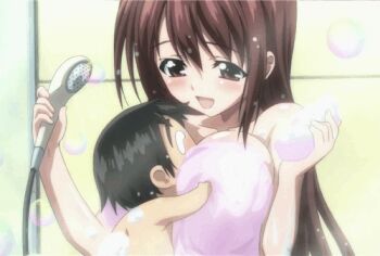 1boy 1girl animated animated_gif bath blush breasts brown_eyes brown_hair bubble chibi grabbing_another's_breast groping large_breasts long_hair lowres mitsuki_sohara sakurai_tomoki screencap smile sora_no_otoshimono towel