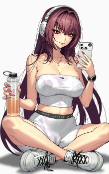 1girl bare_shoulders bike_shorts bottle breasts cameltoe cellphone cleavage closed_mouth covered_erect_nipples fate/grand_order fate_(series) hair_intakes headphones highres holding holding_bottle holding_phone jewelry large_breasts lips long_hair necklace phone purple_hair red_eyes red_nails rioliogiz scathach_(fate) selfie shoes short_shorts shorts simple_background sitting smartphone solo sports_bra very_long_hair watch white_background white_shoes white_sports_bra wristwatch