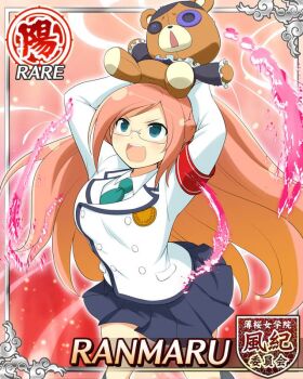 armband arms_up aura blue_eyes blue_skirt braid breasts button_eyes buttons card_(medium) glasses green_necktie hair_ornament hair_scrunchie half_up_half_down_braid holding holding_stuffed_toy jacket kumapooh_(senran_kagura) leaning_forward long_hair looking_up medium_breasts necktie open_mouth orange_hair pleated_skirt purple_scrunchie ranmaru_(senran_kagura) red_armband school_uniform scrunchie senran_kagura senran_kagura_new_wave skirt smile stuffed_animal stuffed_toy teddy_bear toritsu_hakuou_academy_school_uniform very_long_hair white_jacket