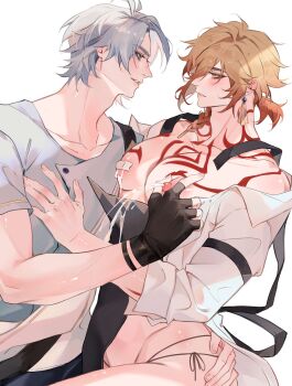 2boys antenna_hair arm_tattoo bandaid bandaids_on_nipples blonde_hair blue_eyes blush braid chest_tattoo commentary envy1950 eye_contact facial_tattoo gradient_hair grey_shirt hadanugi_dousa hair_between_eyes hand_on_another&#039;s_ass highres honkai:_star_rail honkai_(series) large_pectorals looking_at_another male_focus male_lactation medium_hair multicolored_hair multiple_boys mydei_(honkai:_star_rail) official_alternate_costume open_clothes open_kimono open_shirt parted_bangs pasties pectoral_grab pectorals phainon_(a_dream_scented_in_wheat)_(honkai:_star_rail) phainon_(honkai:_star_rail) red_hair red_tattoo shirt short_hair short_sleeves side_braid simple_background tattoo white_background white_hair white_shirt yaoi yellow_eyes