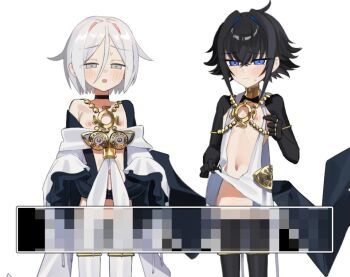 2boys androgynous black_hair black_shrug blue_eyes blue_hair blush censored center_opening choker clothes_lift dove_(fate) fate/grand_order fate_(series) grey_eyes hair_intakes jewelry kunabishi long_sleeves looking_at_viewer multicolored_hair multiple_boys navel necklace nipples off_shoulder open_mouth penis pink_hair raven_(fate) short_hair shrug_(clothing) two-tone_hair white_hair wide_sleeves