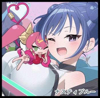 Rule 34 | 2girls, bare shoulders, black border, blonde hair, blue hair, border, breasts, double bun, duel monster, earrings, evil twin lil-la, green eyes, hair bun, jewelry, ki-sikil (yu-gi-oh!), large breasts, lil-la (yu-gi-oh!), live twin ki-sikil, long hair, mini person, multicolored hair, multiple girls, one eye closed, open mouth, pink hair, purple eyes, twintails, two-tone hair, urasuka, yu-gi-oh!