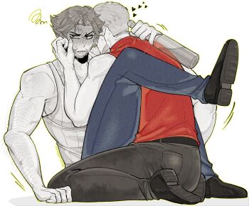 2boys arm_hair back belt black_pants blue_pants blush bottle deadpool facial_hair full-face_blush hand_on_another&#039;s_face hashtag-only_commentary heart highres holding holding_bottle k4nc_wolverine male_focus marvel multiple_boys muscular muscular_male pants parted_lips shoes short_hair sleeveless squiggle sweatdrop tank_top wolverine_(x-men) x-men x-men_film_series x-men_origins:_wolverine yaoi