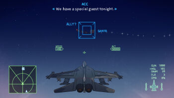 1boy ace_combat acea4 aircraft airplane christmas english_text f-ck-1 fake_screenshot fighter_jet hat highres military_vehicle minimap night reindeer santa_claus santa_hat sky sleigh user_interface