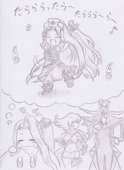 2girls arlon_(kid_icarus) bansyo31 commentary_request dreaming drooling facial_hair finger_to_mouth flower graphite_(medium) hair_flower hair_ornament kid_icarus kid_icarus_uprising kirby_(series) long_hair looking_at_another midriff multiple_girls mustache navel nintendo oomoto_makiko open_mouth phosphora shushing smash_invitation smile super_smash_bros. traditional_media translation_request very_long_hair viridi voice_actor_connection