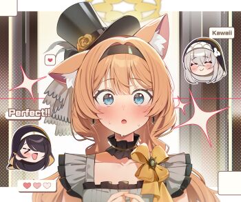 3girls animal_ear_fluff bad_tag black_hair black_hairband black_hat black_veil blue_archive blue_eyes blush bow bow_choker choker commentary crossed_bangs english_commentary english_text flower frilled_choker frills grey_feathers grey_hair grey_shirt hair_between_eyes hair_intakes hair_over_one_eye hairband halo hat hat_feather hat_flower heart helmet highres hinata_(blue_archive) long_hair looking_at_viewer mari_(blue_archive) mari_(idol)_(blue_archive) mini_hat mini_top_hat multiple_girls muo_(muojjang_0929) official_alternate_costume official_alternate_hairstyle orange_hair sakurako_(blue_archive) shirt single_ear_down sisterhood_(blue_archive) solo_focus spoken_heart sweat top_hat veil wide-eyed yellow_bow yellow_flower yellow_halo