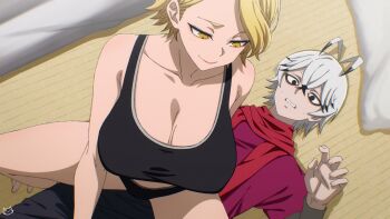 1boy 1girl artist_logo black_hair black_panties black_pants black_sports_bra blonde_hair breasts cleavage collarbone commentary futon hand_up hetero highres keihh kiriyama_rokuro large_breasts logo long_sleeves looking_at_another multicolored_hair paid_reward_available panties pants parted_lips red_scarf red_shirt ringed_eyes sazanami_kuina scarf shirt short_hair sitting sitting_on_person sports_bra tatami tougen_anki two-tone_hair underwear white_hair yellow_eyes