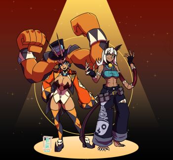 2023 2girls alternate_costume alternate_hairstyle animal_ears artist_logo barefoot bell bell-bottoms belt black_boots black_gloves black_leotard black_trim blue_eyes blue_pants boots breasts cat_ears cerebella_(skullgirls) chest_harness choker claw_pose cleavage clothes_writing commentary cropped_jacket cropped_shirt dark-skinned_female dark_skin dated diamond_(shape) english_commentary exposed_muscle fingerless_gloves flexing gloves gradient_background green_hair grin hair_ornament harness hat jacket justzaz large_breasts legs_up leotard leotard_under_clothes logo long_hair long_sleeves looking_at_viewer midriff ms._fortune_(skullgirls) multiple_girls muscular_arms open_clothes open_jacket orange_jacket pants pouch sharp_toenails short_hair skull_hair_ornament skullgirls sleeves_past_wrists smile sparkle spotlight standing stitched_arm stitched_leg stitches straight_hair thigh_boots tiptoes toenails toes top_hat torn_clothes torn_pants utility_belt vest vice-versa_(skullgirls) waist_cape white_gloves white_hair white_vest