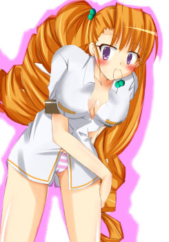 1girl aq_interactive arcana_heart arcana_heart_2 atlus bare_legs bracelet breasts cameltoe closed_mouth cowboy_shot drill_hair examu facing_viewer hair_ornament hairpin jewelry long_hair mouth_hold nanohazuki no_pants orange_hair outline panties petra_johanna_lagerkvist pink_outline purple_eyes shirt simple_background solo standing striped_clothes striped_panties twin_drills underwear very_long_hair white_background white_shirt