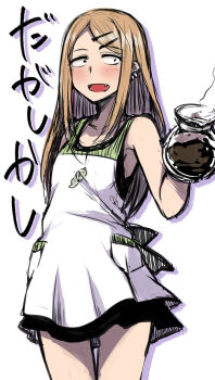 10s 1girl :d blush coffee_pot copyright_name dagashi_kashi ear_piercing endou_saya fang female_focus hair_ornament hairclip highres long_hair open_mouth piercing simple_background smile solo white_background yunodon_(sugar_maple)