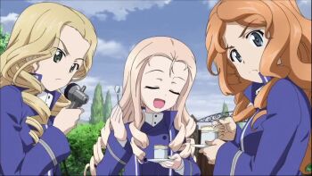 andou_(girls_und_panzer) animated bc_freedom_(emblem) bc_freedom_military_uniform black_eyes black_footwear black_hair blonde_hair blue_cape blue_eyes blue_jacket blue_vest boots breasts brown_eyes cape closed_mouth competition crossed_ankles dark-skinned_female dark_skin emblem epaulettes flexible floral_background folding_fan girls_und_panzer green_eyes grin hand_fan hand_on_own_hip heel_up high_collar holding holding_fan jacket knee_boots long_hair long_sleeves looking_at_another looking_at_viewer marie_(girls_und_panzer) medium_hair messy_hair military military_uniform military_vehicle miniskirt motor_vehicle multiple_girls oshida_(girls_und_panzer) outdoors parted_lips pleated_skirt pointing pointing_at_viewer red_cape running ryona shadow skirt sky smile standing tagme tank two-sided_cape two-sided_fabric vest video white_skirt wide_hips