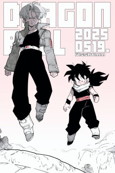 2boys black_hair black_pants black_tank_top cropped_jacket dougi dragon_ball dragonball_z floating full_body grey_jacket hair_between_eyes highres jacket long_hair male_focus multiple_boys pants parted_bangs parted_lips pink_background popped_collar sasaki_tomomi short_hair son_gohan spiked_hair tank_top trunks_(dragon_ball) trunks_(future)_(dragon_ball) twitter_username