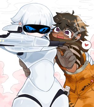 1boy 1girl :d ahoge arm_behind_back arm_cannon arm_up armor black_eyes blue_eyes blush body_armor breasts brown_cloak brown_gloves brown_hair cloak commentary commentary_request copyright_name couple covered_mouth cropped_legs crying crying_with_eyes_open despair_sauce_(artist) dirty dirty_clothes english_commentary eve_(wall-e) gloves goggles heart high-visibility_clothing high-visibility_vest highres leaning_forward looking_at_another looking_at_viewer medium_breasts mixed-language_commentary nose_blush open_mouth orange_pants orange_shirt pale_skin pants personification scope screen shaking shirt smile smoke speech_bubble spoken_heart standing striped_clothes striped_shirt sweat sweatdrop tears vertical-striped_clothes vertical-striped_shirt wall-e wall-e_(character) weapon white_armor white_gloves white_hair
