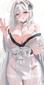 1girl absurdres against_glass ahoge azur_lane bare_shoulders between_breasts blush breast_press breasts breasts_on_glass cleavage closed_mouth collarbone commentary covered_groin hair_between_eyes hair_intakes hakuhou_(azur_lane) highres huge_ahoge japanese_clothes kimono large_breasts licking_lips long_hair long_hair_between_eyes looking_at_viewer lshiki mask mask_on_head multicolored_hair obi off_shoulder pantyhose pelvic_curtain sash sidelocks simple_background smile solo standing thighband_pantyhose thighs tongue tongue_out two-tone_hair very_long_hair white_background white_hair white_kimono white_pantyhose yellow_eyes