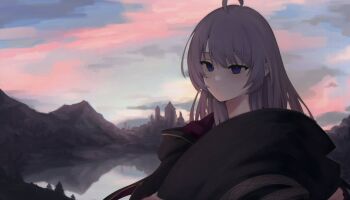 1girl ahoge ateri_illust black_hat black_robe blue_eyes braid commentary elaina_(majo_no_tabitabi) english_commentary grey_hair hair_between_eyes hat holding hooded_robe long_hair long_sleeves majo_no_tabitabi open_clothes open_robe robe solo white_hair witch witch_hat