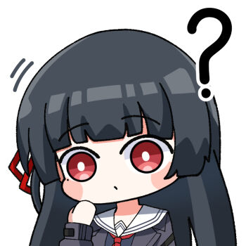 1girl ? black_hair bright_pupils chibi chibi_only chisa_(wuthering_waves) commentary hair_ribbon hand_up hashtag-only_commentary long_hair looking_at_viewer mole mole_under_eye portrait red_eyes red_ribbon ribbon sailor_collar simple_background solo sticker_(medium) twomoon white_background white_pupils white_sailor_collar wuthering_waves