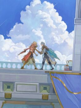 2boys antenna_hair arm_tattoo armlet armor armored_boots black_boots black_coat black_pants black_shirt blonde_hair blue_cape blue_eyes blue_sky boots braid bunnyclvb cape chest_tattoo clawed_gauntlets coat facial_tattoo from_side gradient_hair highres holding holding_sword holding_weapon honkai:_star_rail honkai_(series) jewelry knee_boots male_focus medium_hair multicolored_hair multiple_boys mydei_(honkai:_star_rail) open_clothes open_coat pants parted_bangs pauldrons phainon_(honkai:_star_rail) red_cape red_hair red_tattoo shirt short_hair shoulder_armor side_braid side_cape single_pauldron sky sword tattoo weapon white_coat white_hair wooden_sword yellow_eyes