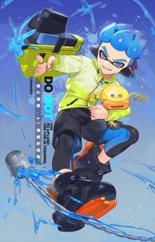 1boy agent_4_(splatoon) animal behind-the-head_headphones black_boots black_leggings black_shorts blue_background blue_eyes blue_hair boots commentary_request firing fish full_body green_jacket grin hair_slicked_back headphones hero_shot_(splatoon_2) highres holding holding_animal holding_fish holding_weapon inkling jacket jinkoika leggings leggings_under_shorts long_sleeves looking_at_viewer male_focus nintendo short_hair shorts smile solo splatoon_(series) splatoon_2 tentacle_hair v-shaped_eyebrows weapon zapfish zipper zipper_pull_tab
