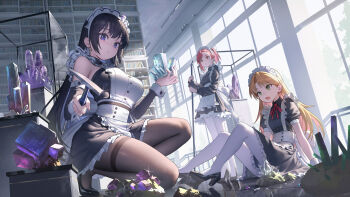 3girls absurdres arato_nagi black_shirt black_shoes breasts brown_hair brown_pantyhose buttons commentary_request highres holding indoors looking_at_viewer maid multiple_girls pantyhose pink_hair puffy_short_sleeves puffy_sleeves ruri_no_houseki seto_shouko shirt shoes short_sleeves sitting tanigawa_ruri white_pantyhose window xzu