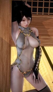 1girl 3d against_wall arm_up armpits breasts ecchi-senshi highres large_breasts non-web_source see-through_clothes solo standing tagme