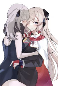 2girls absurdres black_dress blonde_hair blue_leotard blush breasts cloak closed_mouth commentary dress feet_out_of_frame fingerless_gloves g3_(girls'_frontline) g3_(mod3)_(girls'_frontline) girls'_frontline gloves grey_hair hair_ornament hairclip harafrontline headphones highres hk21_(girls'_frontline) jewelry leotard long_hair long_sleeves looking_at_viewer multiple_girls one_eye_closed purple_eyes ring smile standing strapless twintails white_background white_cloak yuri