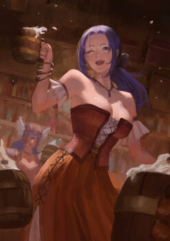 2girls alcohol bar_(place) bare_shoulders barmaid beer beer_mug bodice bottle bracelet breasts character_request cleavage commentary cup dragon_quest dress german_clothes highres holding holding_cup jewelry large_breasts long_hair low-tied_long_hair mug multiple_girls necklace one_eye_closed open_mouth phamoz purple_eyes purple_hair skirt solo_focus tavern wooden_cup