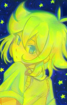 1boy antenna_hair artist_name basil_(faraway)_(omori) basil_(omori) blonde_hair blue_eyes collared_shirt double-parted_bangs from_behind glowing green_sweater_vest hair_between_eyes highres looking_at_viewer male_focus omori parted_lips shea_e shirt short_hair short_sleeves sidelocks solo sweater_vest twitter_username upper_body white_shirt