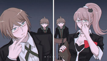 1girl 2boys adjusting_eyewear ahoge artist_name bear_hair_ornament black_jacket black_shirt blonde_hair boleum_(dgrpluna) bow breasts brown_hair cleavage closed_mouth collarbone danganronpa:_trigger_happy_havoc danganronpa_(series) dress_shirt enoshima_junko glasses green_eyes hair_ornament jacket long_hair looking_at_another middle_finger multiple_boys naegi_makoto nail_polish official_alternate_hairstyle open_clothes open_jacket red_bow red_nails shirt split_screen togami_byakuya upper_body white_shirt