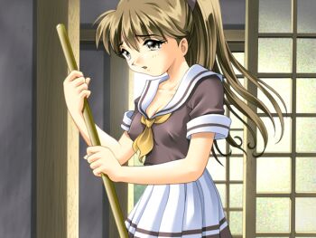 1girl bow breasts broom brown_eyes brown_hair cleaning collarbone covered_erect_nipples cowboy_shot game_asset hair_bow hakoiri_musume high_ponytail holding holding_broom large_breasts long_hair miniskirt neckerchief non-web_source official_art parted_lips pleated_skirt ponytail raised_inner_eyebrows school_uniform self-datamine serafuku short_sleeves skirt solo standing tareme tearing_up tears the_seiji toujou_mizuho visual_novel_cg white_skirt yellow_neckerchief