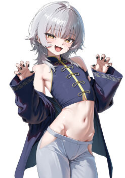 1girl absurdres black_jacket black_nails black_shirt blush claw_pose commentary cowboy_shot ear_piercing fang flat_chest grey_hair groin highres indie_virtual_youtuber jacket jacket_partially_removed looking_at_viewer mandarin_collar meandros_trim medium_hair midriff navel off_shoulder okayusonmu open_clothes open_jacket open_mouth pants piercing shirt side_slit simple_background solo white_background white_pants wolf_cut yellow_eyes yuu_(yu_goth1c)