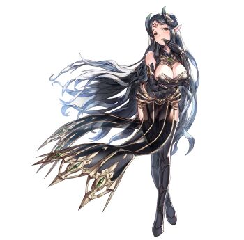 1girl arm_under_breasts artist_request black_dress black_gloves black_hair black_horns black_thighhighs breasts cleavage cleavage_cutout clothing_cutout commentary commentary_request crossed_legs curled_horns demon_girl demon_horns dress elbow_gloves english_commentary fingernails floating_clothes floating_hair forehead_tattoo full_body garter_straps gem gloves gold_trim green_eyes green_gem green_horns hand_on_own_face high_heels highres horns king's_raid korean_commentary large_breasts long_hair mixed-language_commentary official_art pelvic_curtain pointy_ears red_pupils red_tattoo second-party_source shamilla sharp_fingernails simple_background sleeveless sleeveless_dress smile solo tattoo thighhighs very_long_hair white_background wind