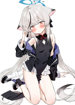 1girl absurdres animal_ears black_dress black_hair black_jacket black_socks blue_archive blush breasts china_dress chinese_clothes commentary_request covered_navel dress grey_hair halo highres jacket kokona_(blue_archive) long_hair long_sleeves looking_at_viewer multicolored_hair open_clothes open_jacket shoes sitting sneakers socks solo streaked_hair subachi thighs v white_shoes