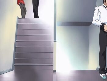 00s 2001 2boys 2girls animated animated_gif bible_black bible_black_night_of_the_walpulgiss black_thighhighs breasts brown_hair cleavage green_eyes hair_ornament imari_kurumi large_breasts long_hair microskirt multiple_boys multiple_girls necktie ponytail red_necktie running school school_uniform shirt shoes side_ponytail skirt stairs suspenders tagme thighhighs