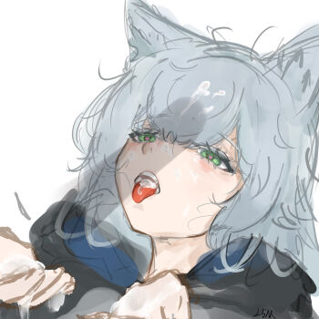 1boy 1girl animal_ear_fluff animal_ears arknights black_hoodie cat_ears cat_girl cum cum_in_mouth cum_on_body cum_on_hair cum_on_hands curly_hair ejaculation facial green_eyes grey_hair half-closed_eyes hands_up heart heart-shaped_pupils hetero highres hood hoodie l5mon_meng long_hair open_mouth penis_shadow rosmontis_(arknights) shadow simple_background sketch symbol-shaped_pupils teeth tongue tongue_out variant_set white_background