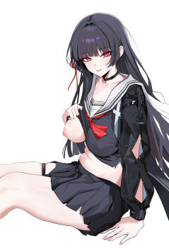 1girl absurdres arm_cutout black_choker black_hair black_jacket black_shirt black_skirt blush breasts bright_pupils chisa_(wuthering_waves) choker clothes_lift clothing_cutout collarbone commentary_request hair_ribbon highres hmml83430344 jacket large_breasts lifting_own_clothes long_hair long_sleeves looking_at_viewer midriff mole mole_under_eye navel neckerchief nipples no_bra one_breast_out parted_lips partial_commentary red_eyes red_neckerchief red_ribbon ribbon sailor_collar shirt shirt_lift simple_background sitting skirt smile solo thigh_strap thighs white_background white_pupils white_sailor_collar wuthering_waves