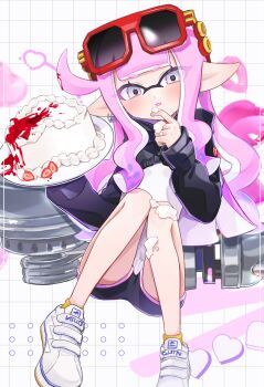 1girl black_jacket black_shorts blunt_bangs blush cake closed_mouth cropped_jacket eating eyewear_on_head food heart highres inkling inkling_girl inkling_player_character jacket long_hair long_sleeves nautilus_(splatoon) nintendo pink_hair pointy_ears psya_ma shirt shoes shorts sidelocks sitting smile solo splatoon_(series) sunglasses tentacle_hair very_long_hair weapon white_shirt white_shoes
