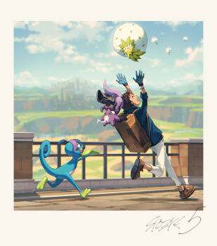 1boy :d ^_^ arms_up backpack bag beanie blue_gloves blue_shirt blue_sky blurry blurry_background border brown_bag brown_footwear brown_hair cliff closed_eyes cloud cloudy_sky cocodar commentary_request dandelion_seed day drizzile eldegoss gen_8_pokemon gloves hat highres long_sleeves looking_at_another looking_up mountain nintendo open_mouth outdoors pants pokemon pokemon_(creature) pokemon_swsh profile railing running shirt shoes short_hair sky smile tongue tongue_out toxel unworn_hat unworn_headwear victor_(pokemon) white_border white_pants