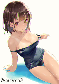 1girl arm_support blue_one-piece_swimsuit blush bob_cut breasts brown_eyes brown_hair cleavage clothes_pull collarbone covered_navel koutaro large_breasts looking_at_viewer off_shoulder old_school_swimsuit one-piece_swimsuit one-piece_swimsuit_pull one-piece_tan open_mouth original parted_lips school_swimsuit short_hair sitting solo swimsuit tan tanline twitter_username wet wet_clothes wet_swimsuit