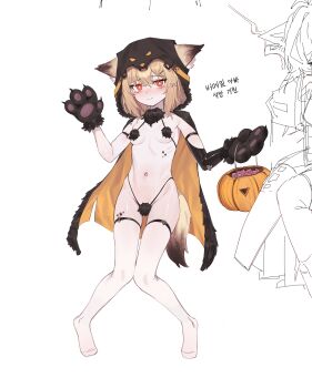 1girl :3 absurdres alternate_costume animal_ears animal_hands arknights bikini black_bikini black_cape blonde_hair bone_hair_ornament breasts bright_pupils cape commentary_request condom condom_wrapper di_le_to dot_nose ears_through_hood elbow_gloves flustered fox_ears fox_girl fox_tail fur_bikini gloves groin hair_ornament halloween halloween_bucket highres hood hooded_cape korean_commentary korean_text looking_at_viewer material_growth navel orange_cape orange_eyes oripathy_lesion_(arknights) paw_gloves revealing_clothes ribs simple_background small_breasts stomach swimsuit tail tearing_up thighhighs trick_or_treat two-sided_cape two-sided_fabric vermeil_(arknights) white_pupils white_thighhighs