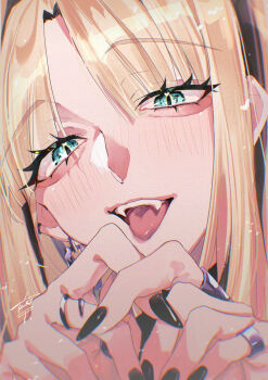 1girl aegyo_sal black_nails black_streaks blonde_hair blue_eyes close-up commentary_request curtained_hair earrings eyelashes fangs fingernails highres hololive hololive_dev_is jewelry klai koganei_niko light_blush light_particles long_fingernails looking_at_viewer multicolored_hair multiple_rings nail_polish open_mouth parted_bangs portrait ring sidelocks signature smile solo teeth tongue tongue_out two-tone_hair upper_teeth_only virtual_youtuber